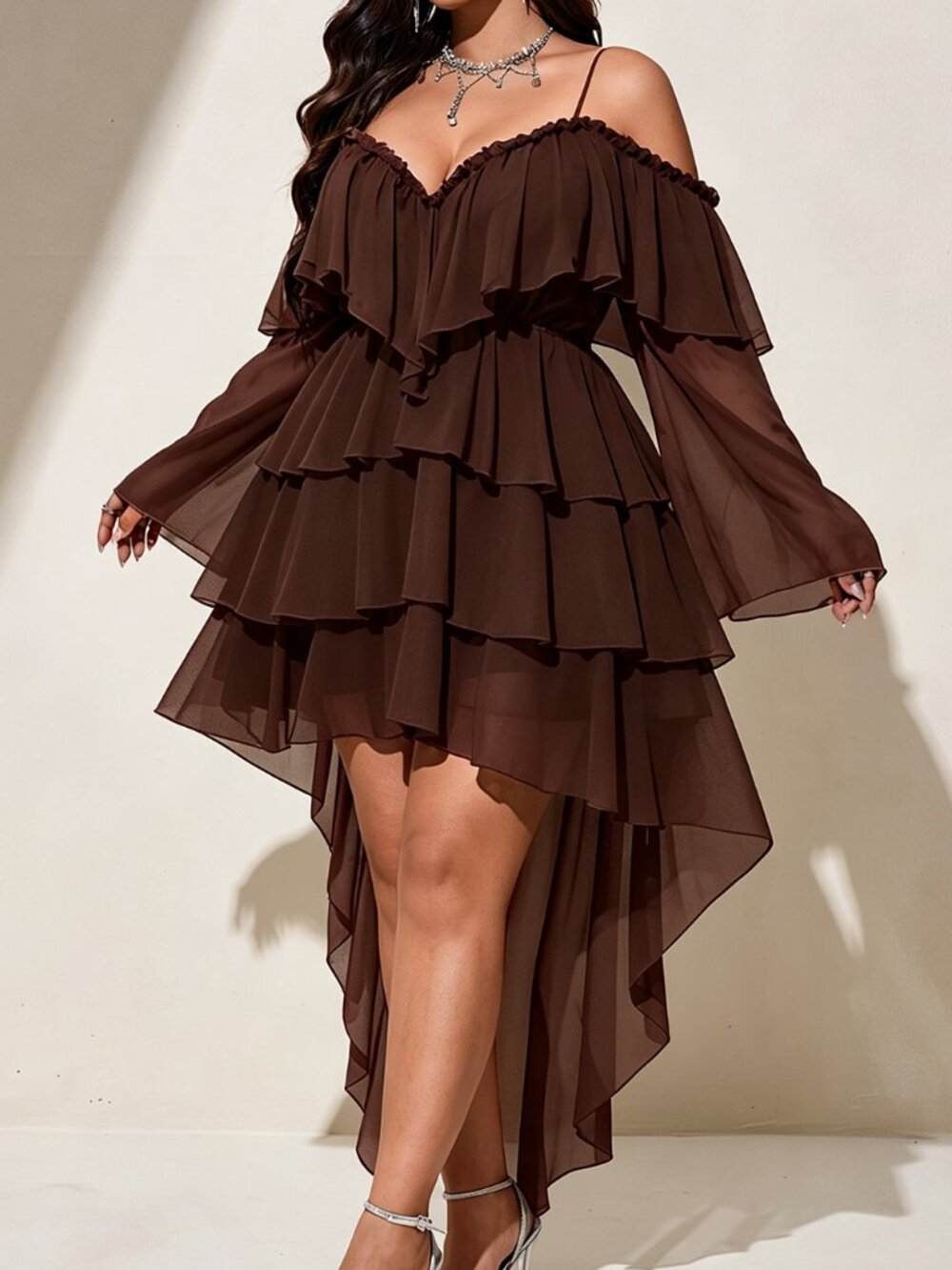 Brown Elegant Women's Cold Shoulder Bell Sleeve Ruffle High-Low Hem Dress
